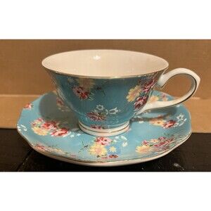 Gracie China Turquoise Teal Rose Chintz Teacup & Saucer Gold Trim Coffee Tea
